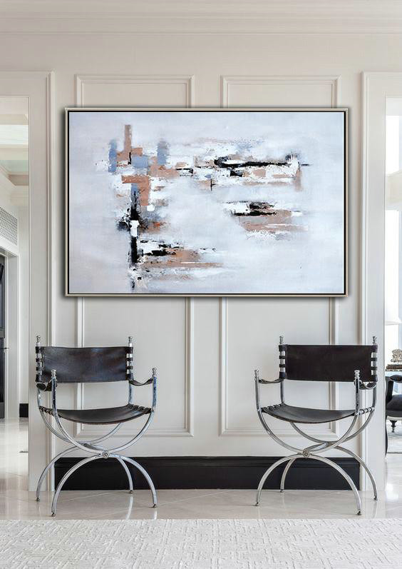 Large Contemporary Art Acrylic Painting,Oversized Horizontal Contemporary Art,Hand-Painted Canvas Art,White,Grey,Beige.etc